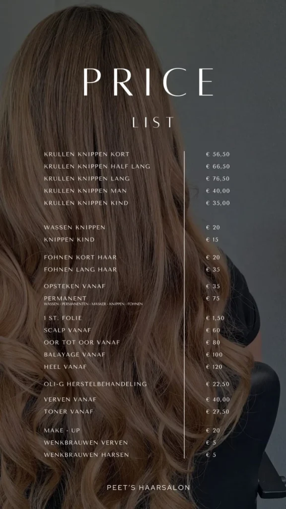 Prijslijst Tarieven - Peets Haarsalon Geffen